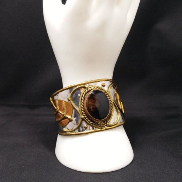 Brown Gemstone Mixed Metal Handmade Cuff Bracelet, 6 3/8 Inches - Picture 2 of 10